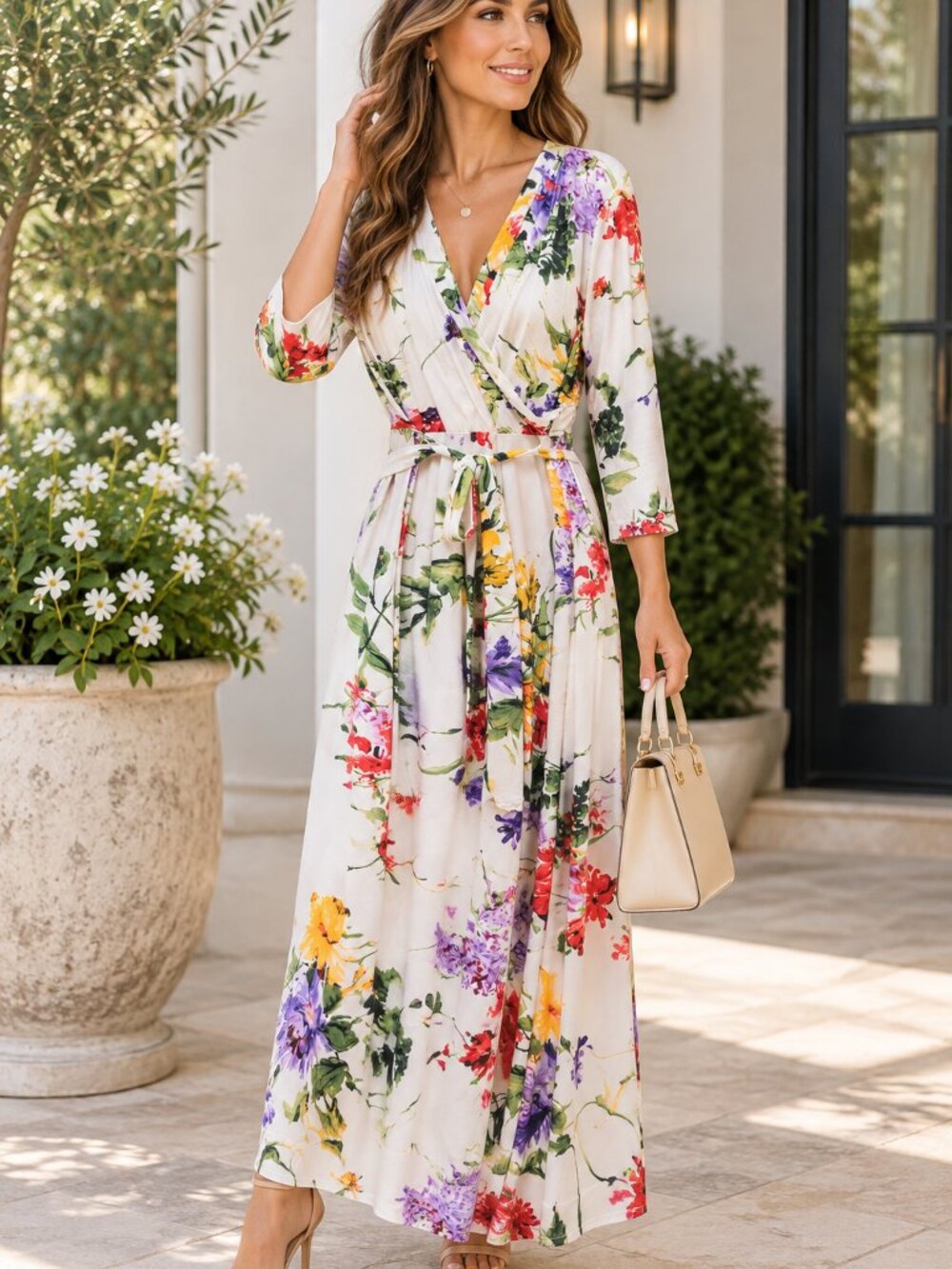Mille Gabrielle Women's XL Floral Maxi Dress Wrap V-Neck Belted 3/4 Sleeve NWT